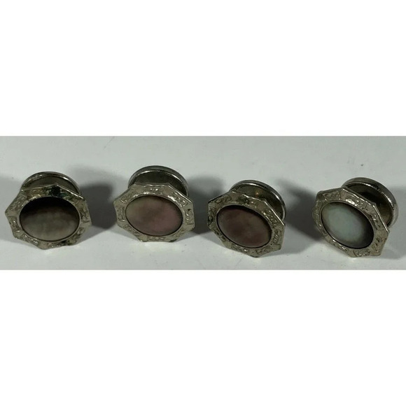 VTG Set Of 2 Art Deco Silvertone & Mother Of Pearl‎ Cufflinks Cobs Link - Picture 1 of 5